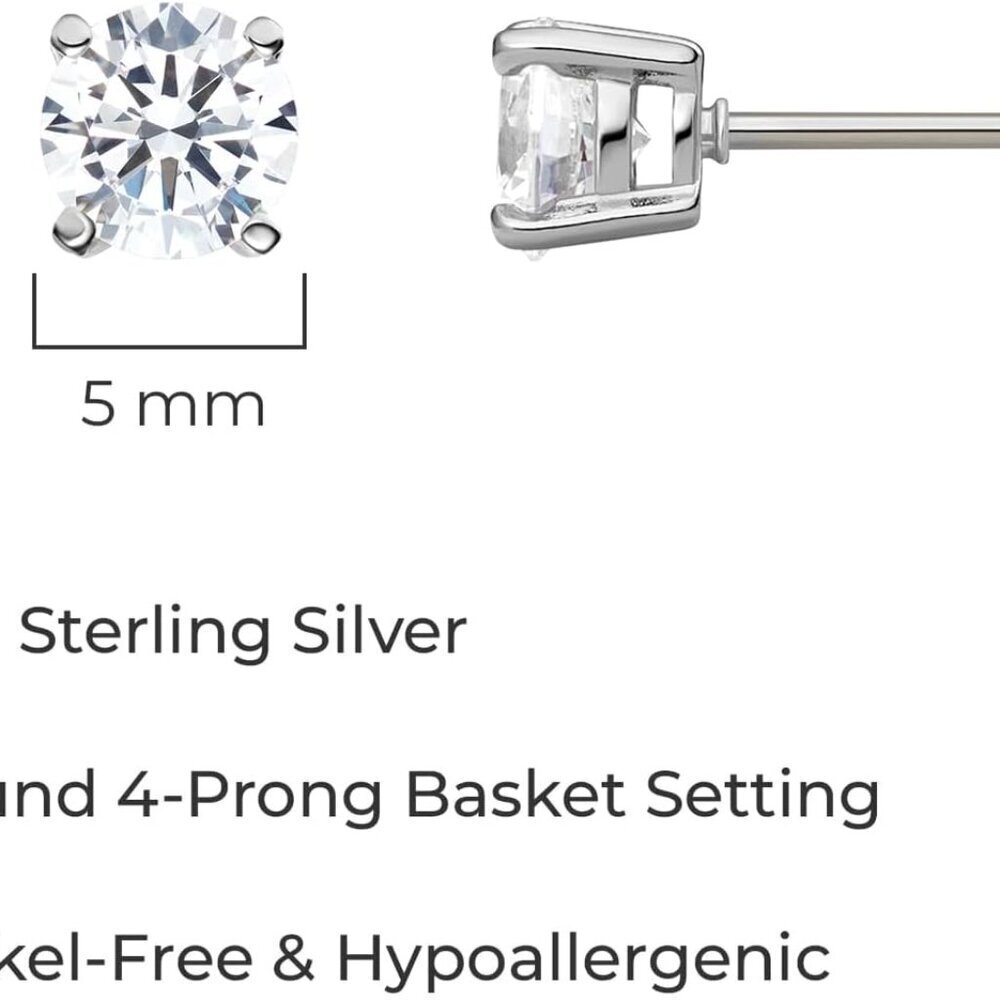Sterling Silver Cubic Zirconia Stud Earrings Round Princess 5mm Womens - Picture 4 of 6